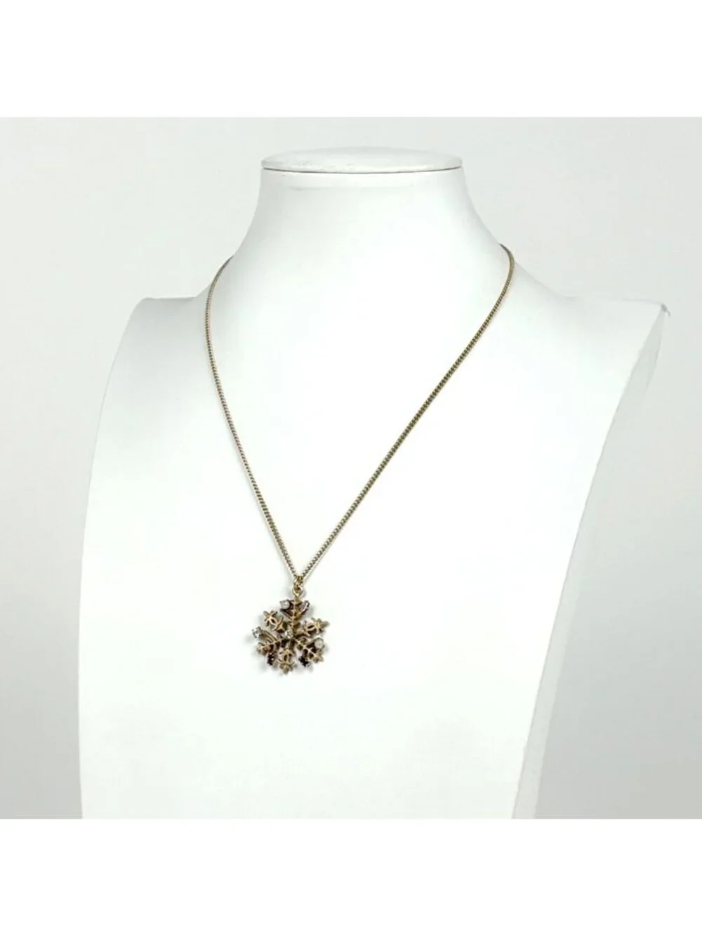 Chanel CC Logo Rhinestone Necklace Snowflake Faux Pearl Gold